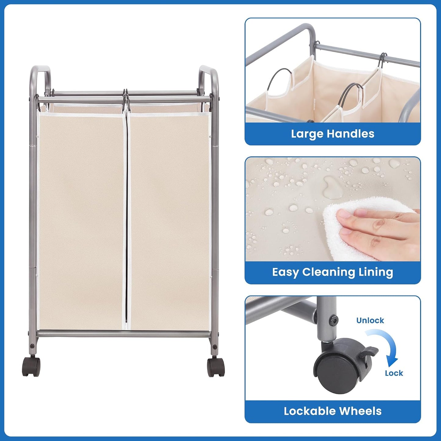STORAGE MANIAC 3 Section Laundry Sorter, 35.6 Gal (135 L) Laundry Hamper Cart with Heavy Duty Rolling Lockable Wheels and Removable Bags, Clothes Organizer Basket Separator Hamper, Gray
