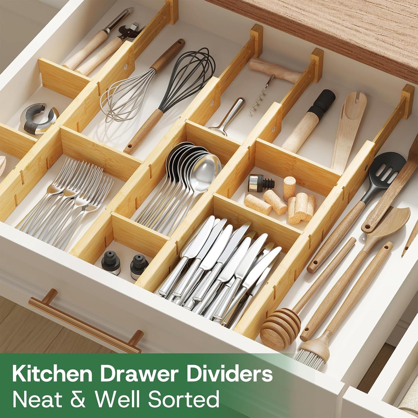 kiplant Kitchen Drawer Dividers - Adjustable Drawer Organizer for Clothes, Kitchen, Closet & Office - 8 Pack with Inserts, 18-22.6 Inches, Non-Slip Silicone Ends