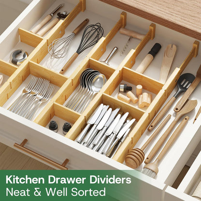 kiplant Kitchen Drawer Dividers - Adjustable Drawer Organizer for Clothes, Kitchen, Closet & Office - 8 Pack with Inserts, 18-22.6 Inches, Non-Slip Silicone Ends