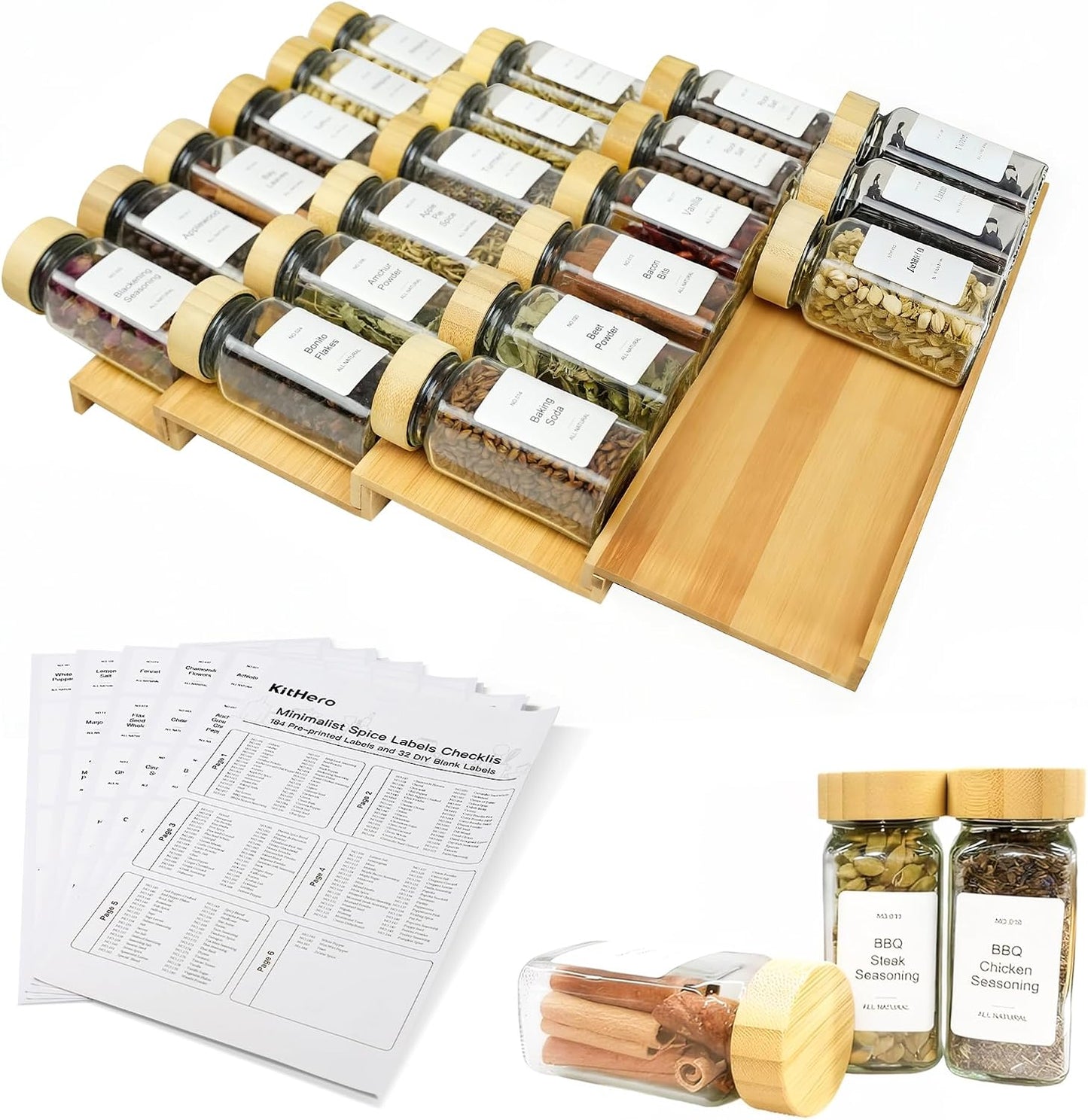Spice Drawer Organzier,4 Tiers Bamboo Spice Rack Tray Insert for Cabinet Drawer Countertop, Kitchen Seasoning Storage Drawer Organization,14.57" Wide x 15.8" Deep （Hold UP To 32 Jars