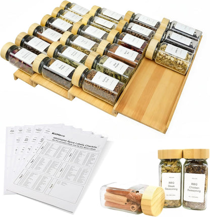 Spice Drawer Organzier,4 Tiers Bamboo Spice Rack Tray Insert for Cabinet Drawer Countertop, Kitchen Seasoning Storage Drawer Organization,14.57" Wide x 15.8" Deep （Hold UP To 32 Jars