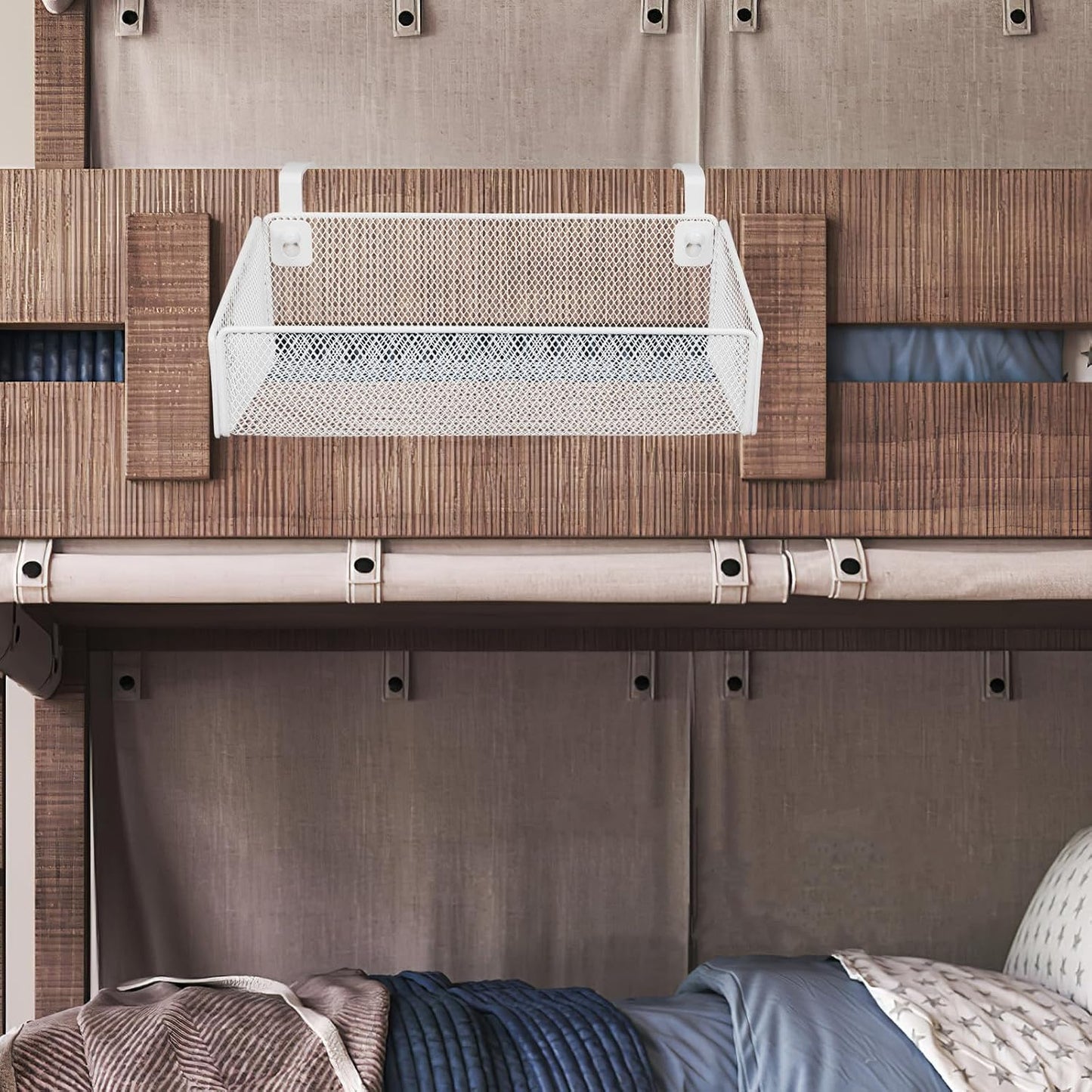 Luxshiny Bedside Hanging Storage Basket, Beside Shelf Metal Organizer Rack | No Drilling Required, Attaches to Bed Frame or Desk, Stores Phone and Books, 1 Basket with 10 Hooks