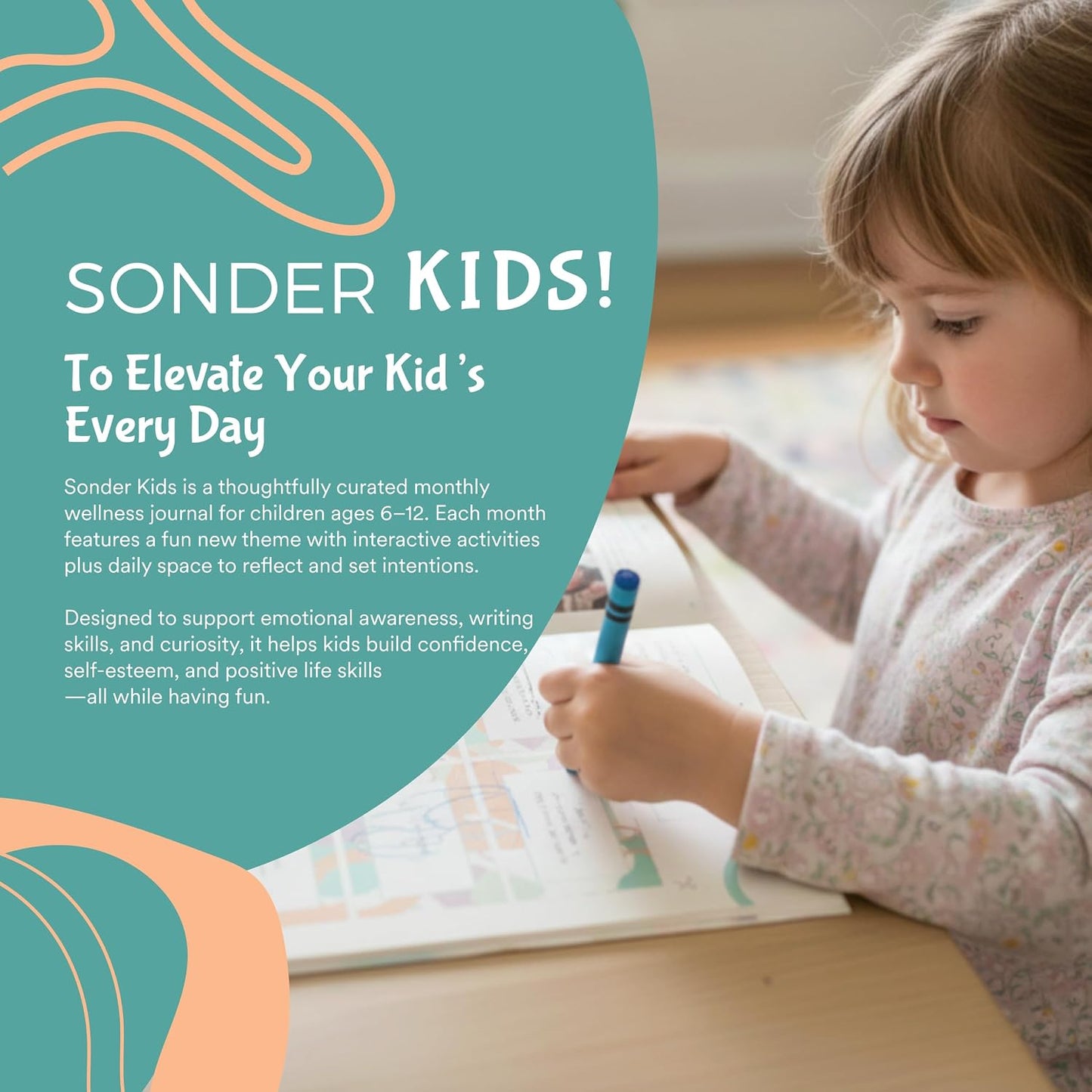 Sonder Kids Wellness Gratitude Journal - Kids Journal for Girls and Boys, Hands-On Activities like Crosswords, Coloring and Nature Prompts, Undated, Ages 6-12, 56 pages