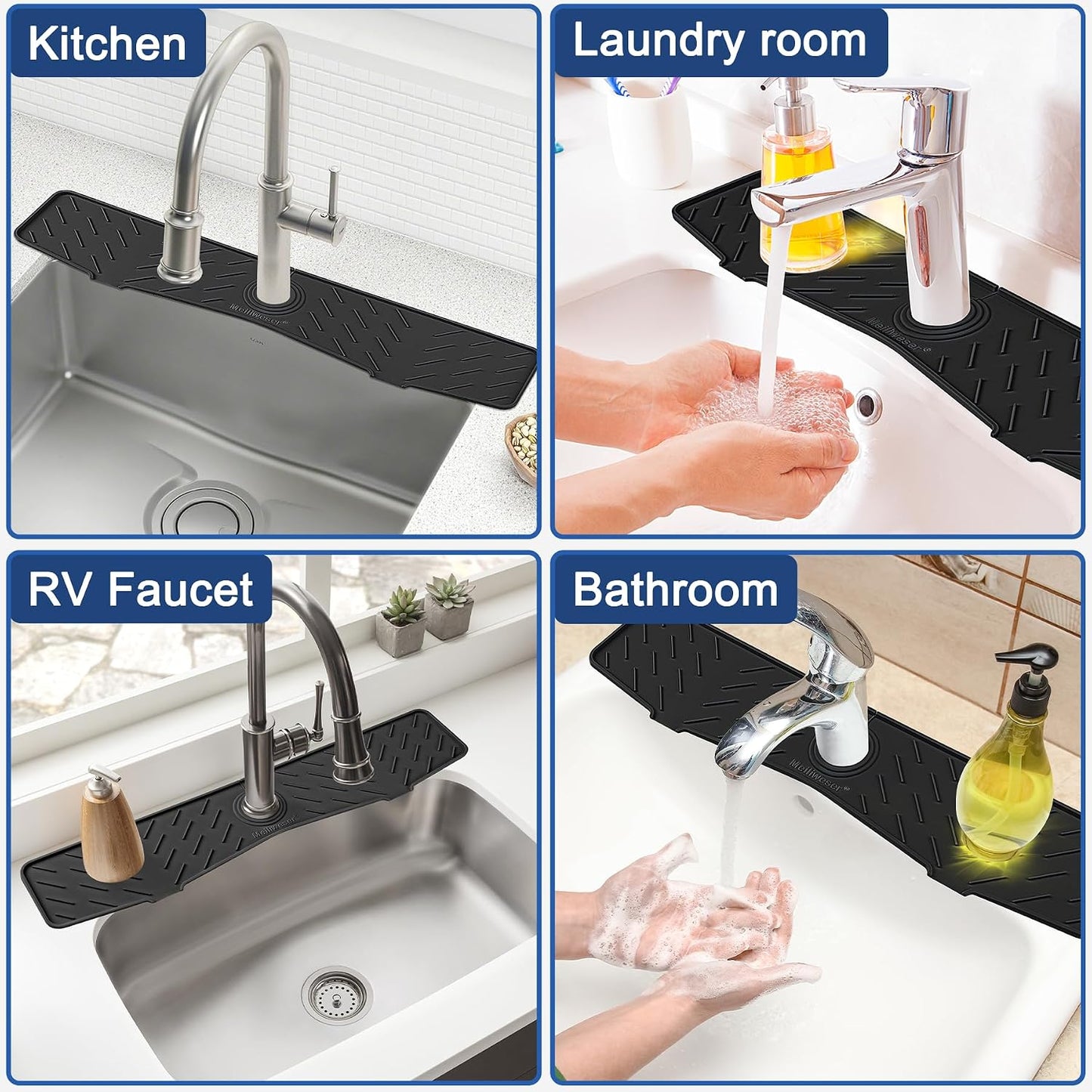 Silicone Faucet Mat for Kitchen Sink – Gen 2 Splash Guard with Upgraded Outlet & Slope – 18” x 5.1” Water Catcher & Sink Sponge Holder for Kitchen and Bathroom (Black)