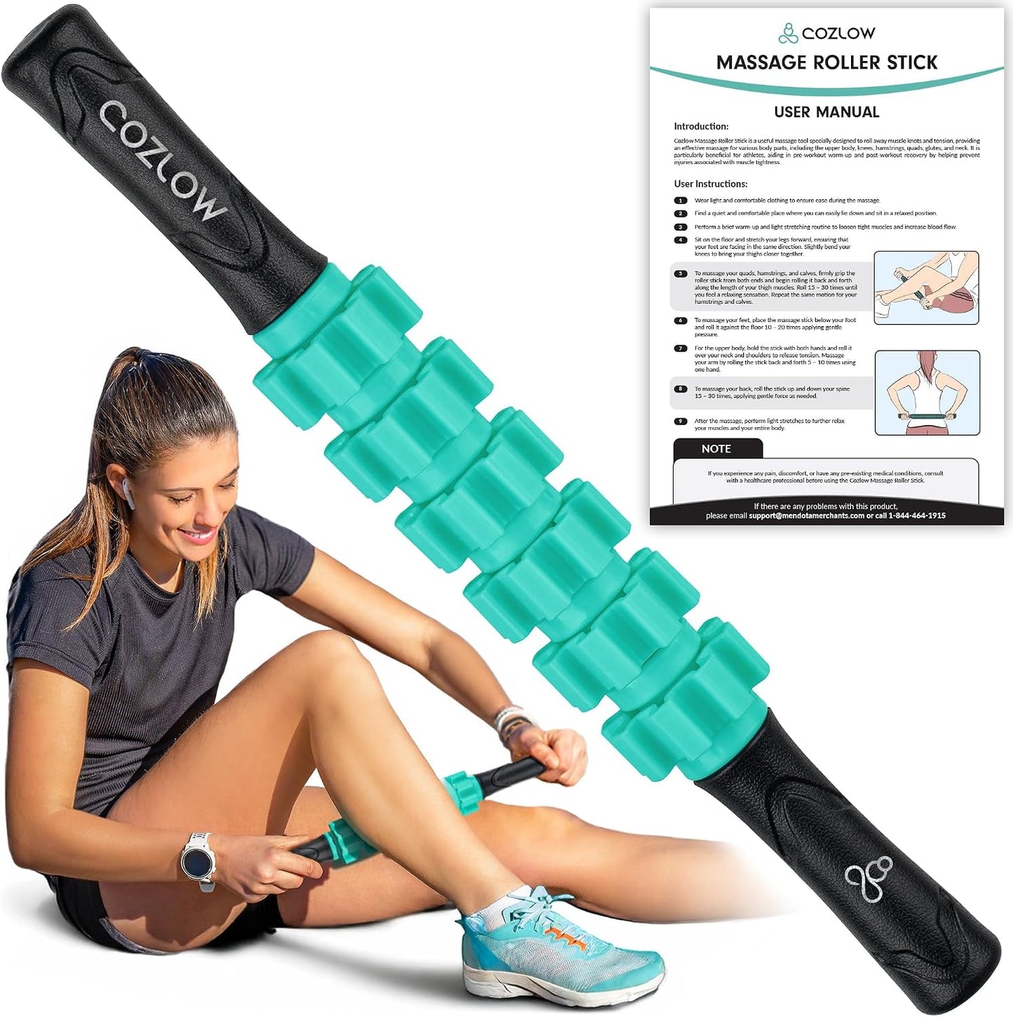 Muscle Roller Stick - Green - Hand Held Body Massager with 9 Rollers & Non-Slip Handles - Deep Tissue Massage & Maximum Muscle Recovery - Leg, Back, Arm, Thigh, Butt Sculpting Tool - by Cozlow