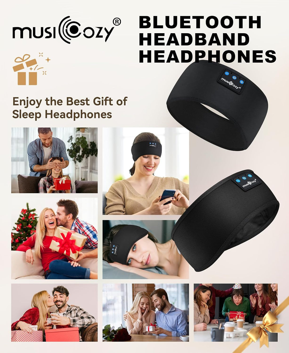 MUSICOZY Sleep Headphones Bluetooth Headband Headphones for Side Sleepers