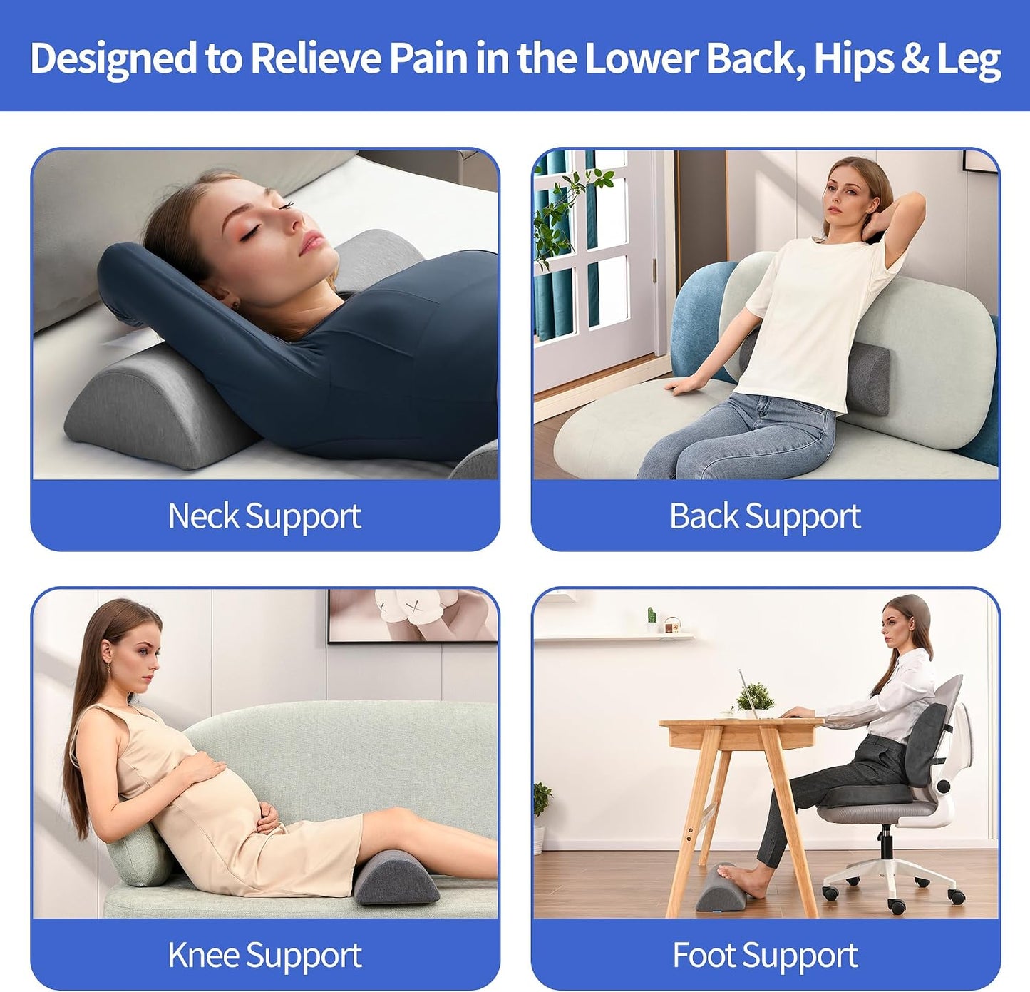Knee Pillow for Back Sleeping, Gel Memory Foam Leg Pillow for Back Pain, Under Leg Support for Sleeping, Half Moon Bolster Pillow