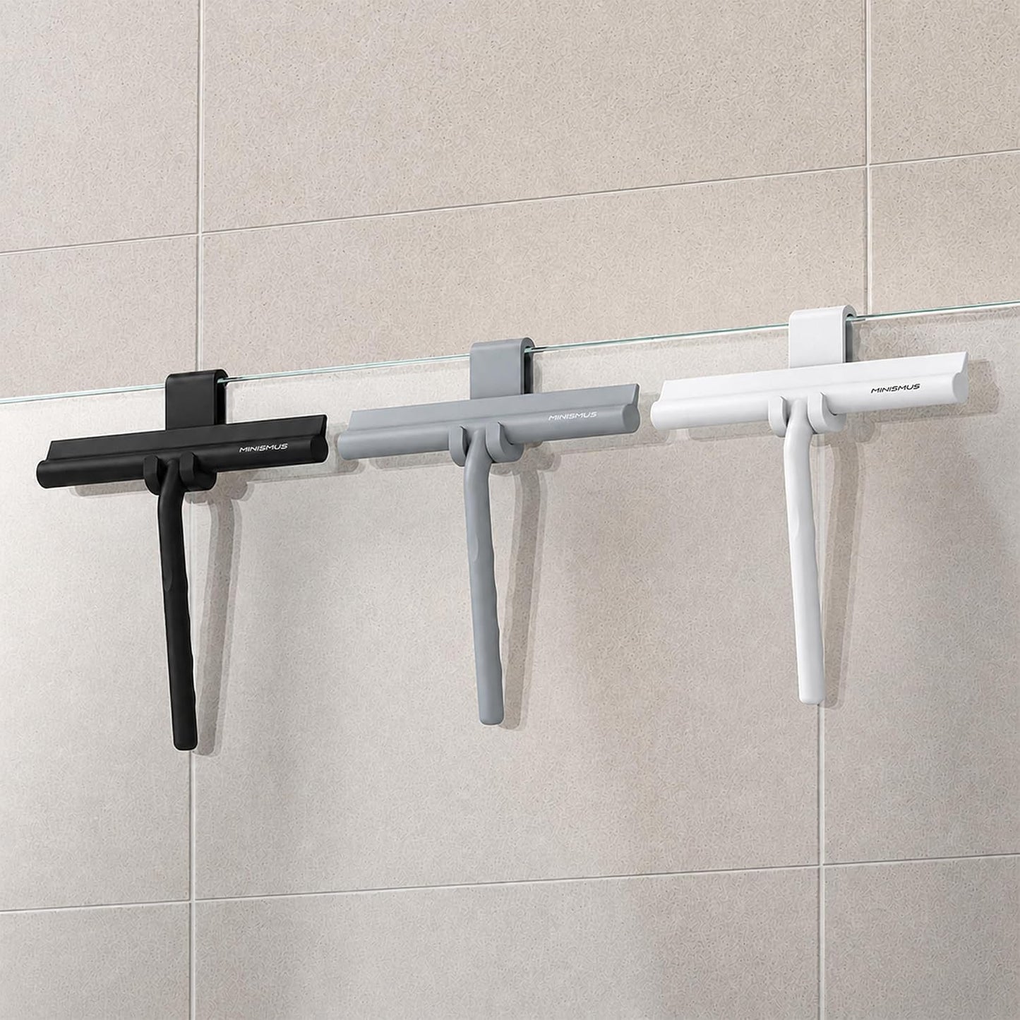 Minismus Shower Squeegee with Magnetic Hook - Silicone Window Wiper with Adhesive Wall Mounted Hanger - Shower Squeegee for Glass Doors - Rubber Squeegee - Shower Glass Cleaner (8.25 inches, Black)