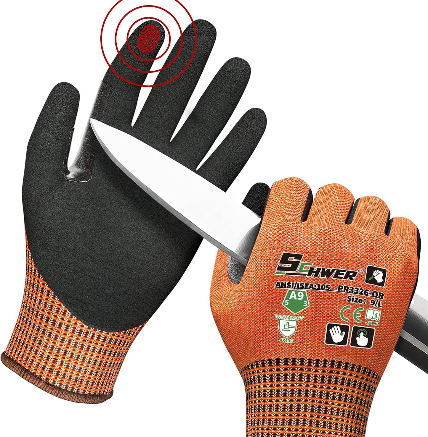 Schwer ProGuard High Level Cut Resistant Work Gloves for Extreme Protection, ANSI A9 Cut Gloves with Reinforced Thumb, Non Slip, Breathable, Durable, Touch-screen, Black 1 Pair（L 3326