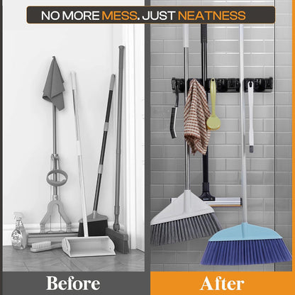 Stainless Steel Broom Holder Wall Mount, 3 Racks & 4 Hooks | Waterproof organizer for mops, brooms, tools and garden equipment, adjustable wall storage, black