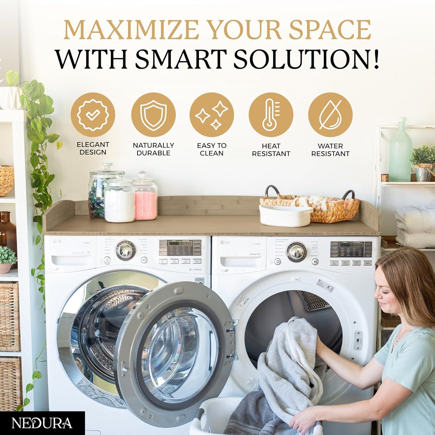 Nedura Washer Dryer Countertop with Anti-Vibration Pads, Curved Edge Rails, Premium Bamboo Laundry Countertop, Washer Dryer Topper, Laundry Room Organization, Laundry Room Accessory – Dark Walnut