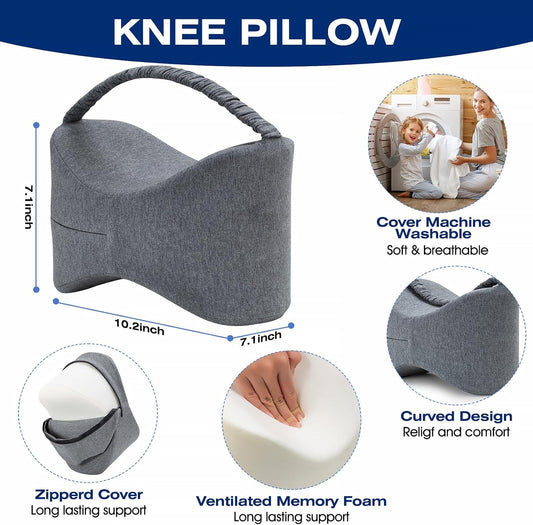 Knee Leg Pillow for Side Sleepers Leg Pillow for Side Sleeping with Strap-100% Memory Foam Wedge Contour Spacer Cushion for Back,Hip Knee Pregnancy Sciatica Pain Relief Free Sleep Mask Ear Plugs Grey