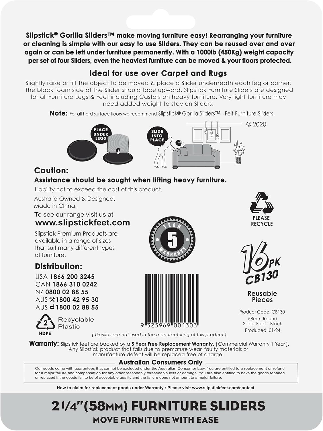 Slipstick GorillaSliders Premium Furniture Sliders for All Floor Surfaces (16 Piece Moving Kit) Reusable 3.5” Round Furniture Movers for Sliding Furniture on Hardwood & Carpet, Black, CB13-1-16