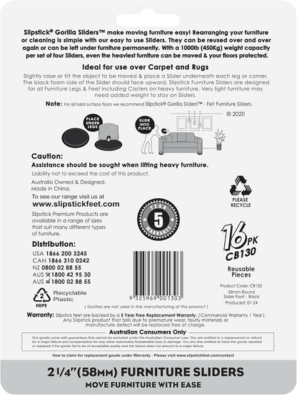 Slipstick GorillaSliders Premium Furniture Sliders for All Floor Surfaces (16 Piece Moving Kit) Reusable 3.5” Round Furniture Movers for Sliding Furniture on Hardwood & Carpet, Black, CB13-1-16