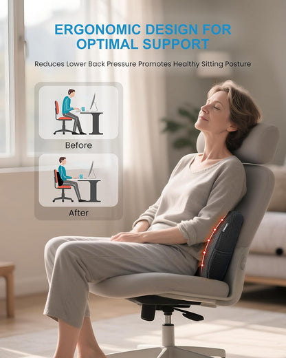 Beleduc Lumbar Support Pillow for Office Chair - Heated Back Support Pillow with Vibration Massage, Ergonomic Back Massager for Chair, Adjustable Vibration, 2 Heat Levels, Gifts