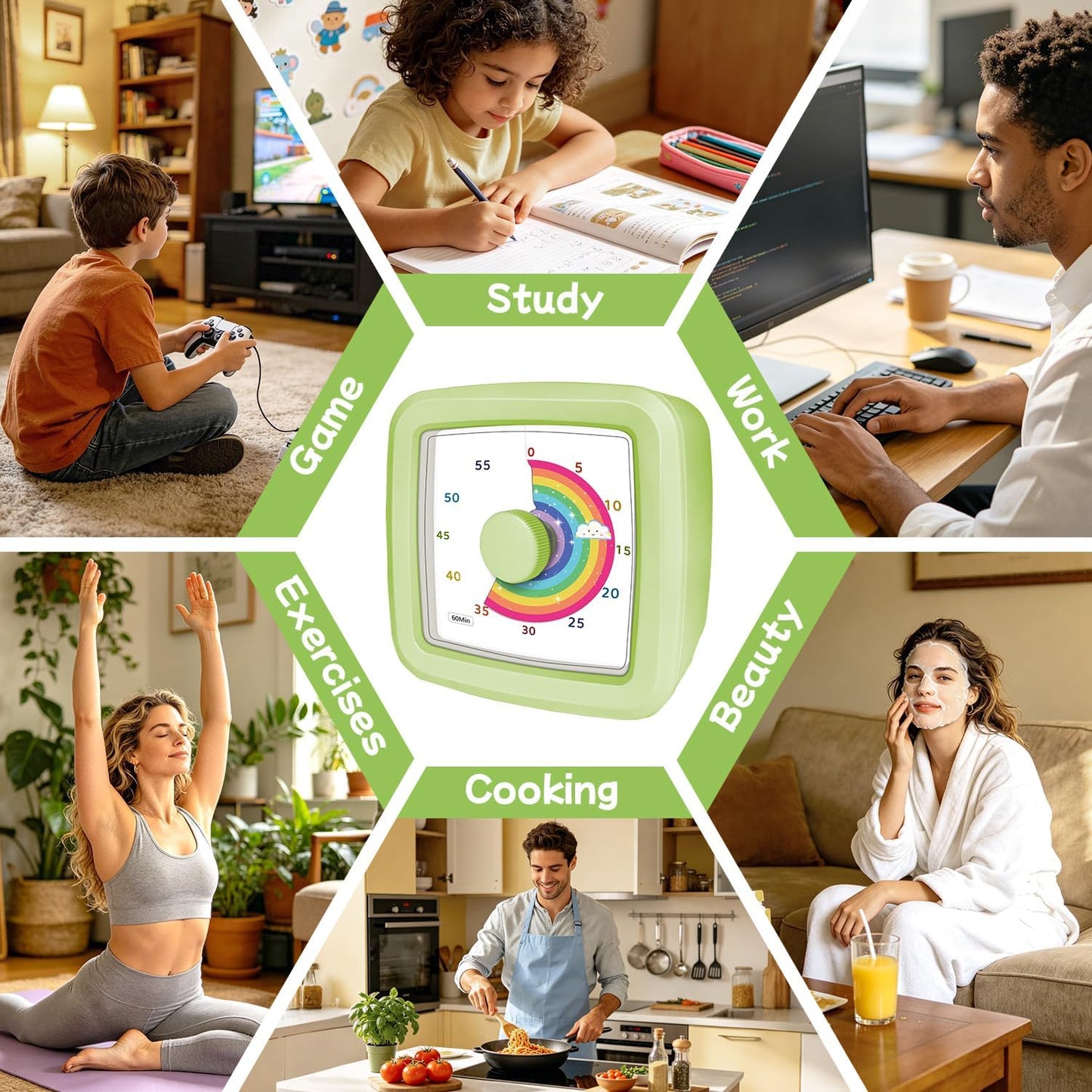 Visual Timer for Kids 60 Minute Countdown Clock – Silent Cube Timer with Rainbow Cloud Design, Plastic Kids Visual Timer, Toddler Timers for Classroom Home Kitchen Study Tools, Green