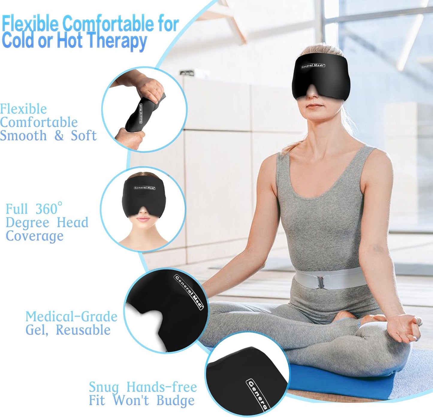 General Medi Headache & Migraine Ice Wrap Cap, Cold Therapy Migraine Relief Hat, Headache Ice Hat Cold Compress, Great for Puffy Eyes, Tension, Sinus & Stress Relief (Blue)