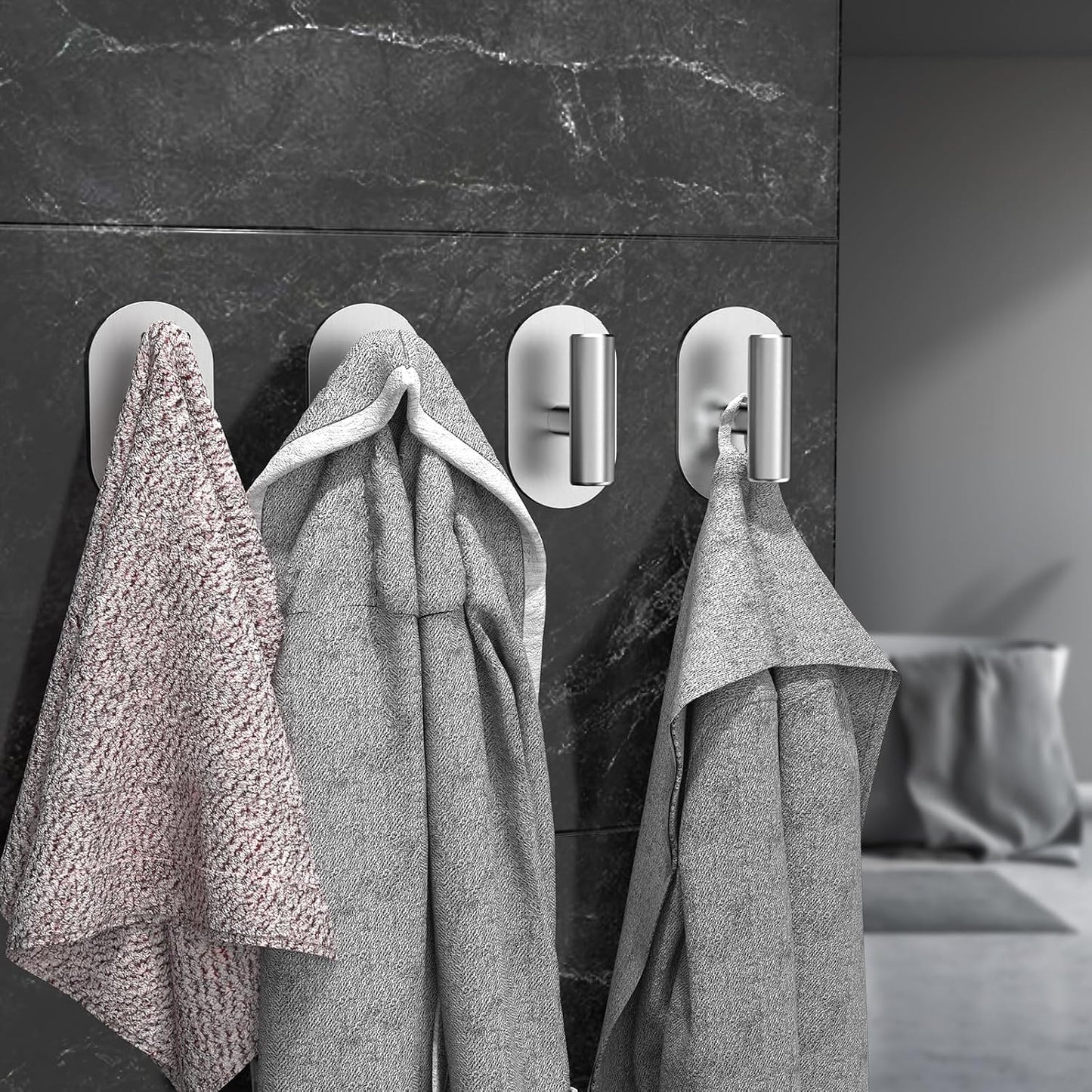 Aikzik Adhesive Towel Hooks - 4 Pack 26LB Extra Strong Heavy Duty Wall Hooks for Bathroom/Shower Door Hanging Coat, Robe, Towel, Dogs' Leads and Collars (Matte Black, Stainless Steel)