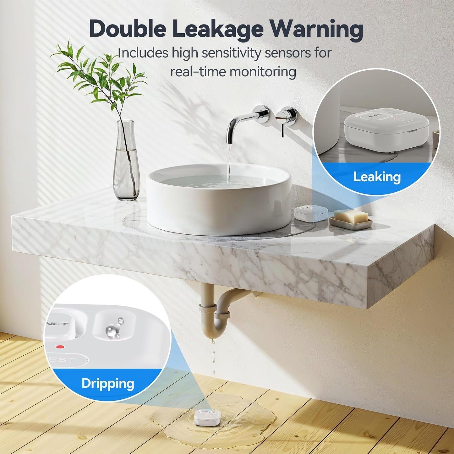 TECKNET WiFi Water Leak Detectors, Leak & Drip Alert with APP Push and Sound Alarm, Smart Water Sensor with 120dB Adjustable Alarm, for Home Kitchen Bathroom Basement (2 Pack, Battery Included)
