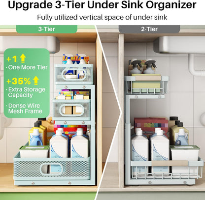 Kitstorack Under Sink Organizer, 2-Pack 3-Tier Height Adjustable Thickened Metal Pull out Cabinet Organizer Shelf, Slide out Storage Drawer Rack for Bathroom Kitchen Pantry Home Laundry Organization