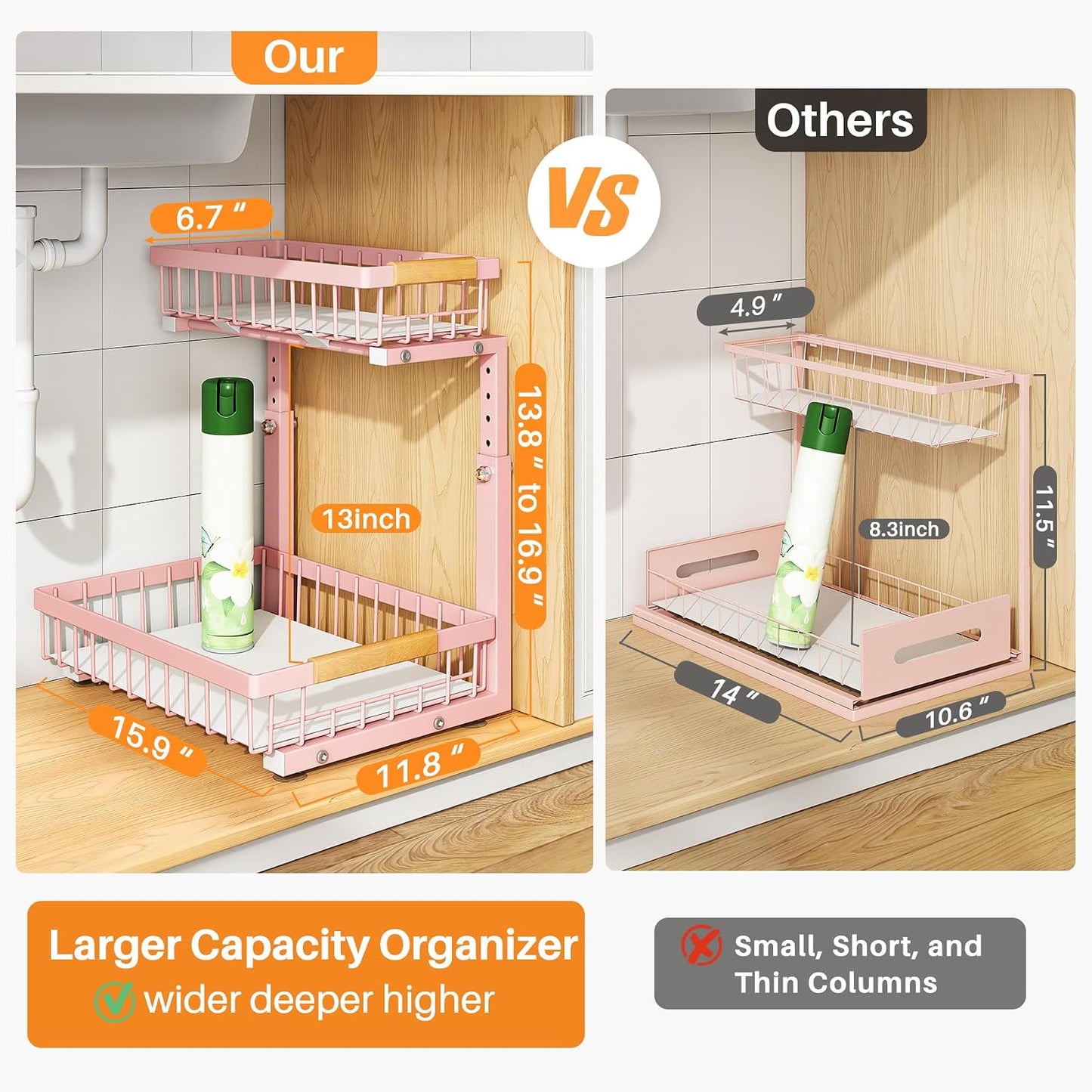 PXRACK Under Sink Organizer, Adjustable Height, 2 Tier Pull Out Under Cabinet Organizer, Slide Out Thickened Metal Under Sink Storage for Kitchen Bathroom Laundry Pantry Cabinet, White, Large-2-Pack
