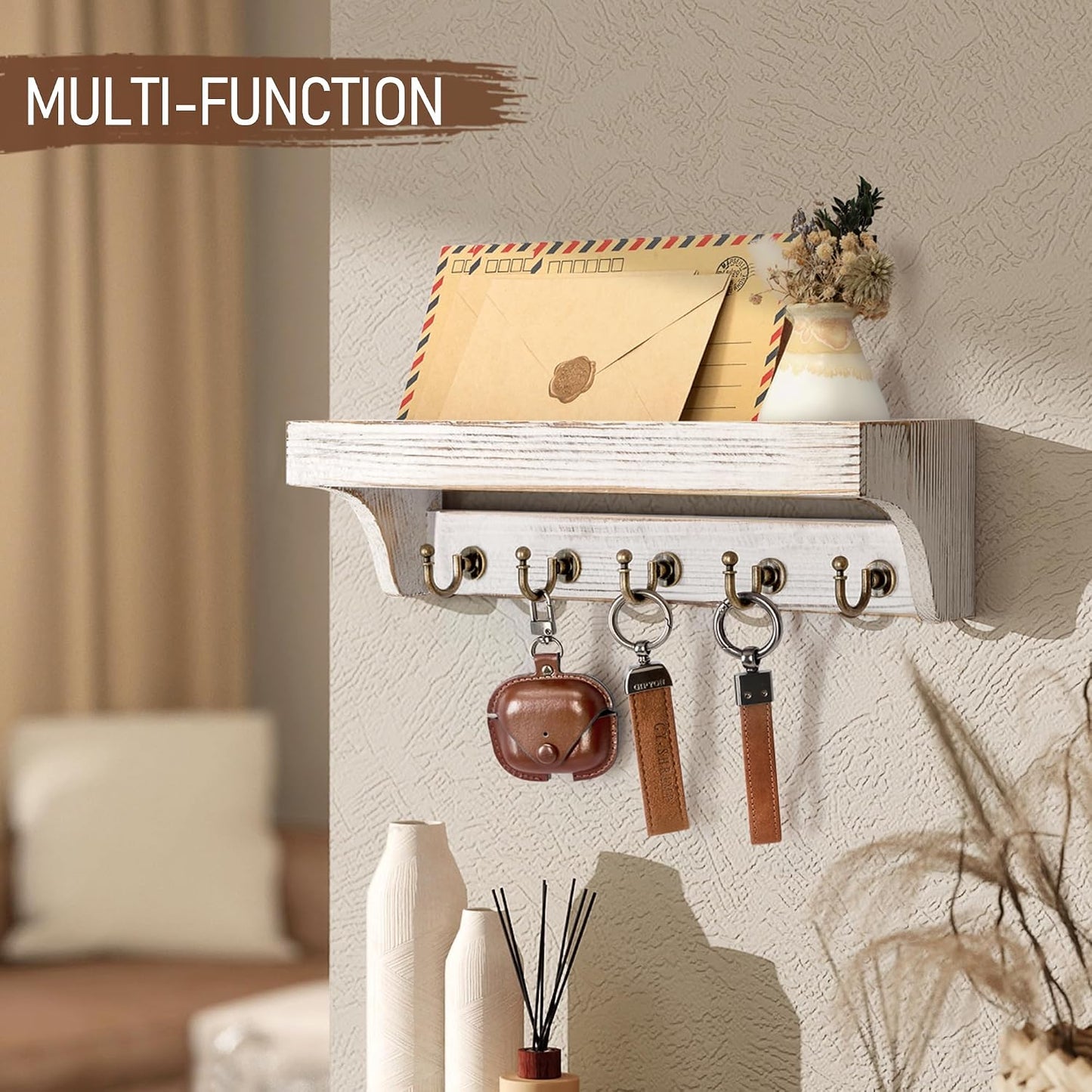 Rebee Vision Key Holder Wall Mount with 5 Hooks for Entryway, Retro Brown | Display Shelf for Plant & Letters, Key Shelf for Hats, Dog Leashes, Mail Organizer, Decorative Entryway & Living Room