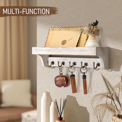 Rebee Vision Key Holder Wall Mount with 5 Hooks for Entryway, Retro Brown | Display Shelf for Plant & Letters, Key Shelf for Hats, Dog Leashes, Mail Organizer, Decorative Entryway & Living Room