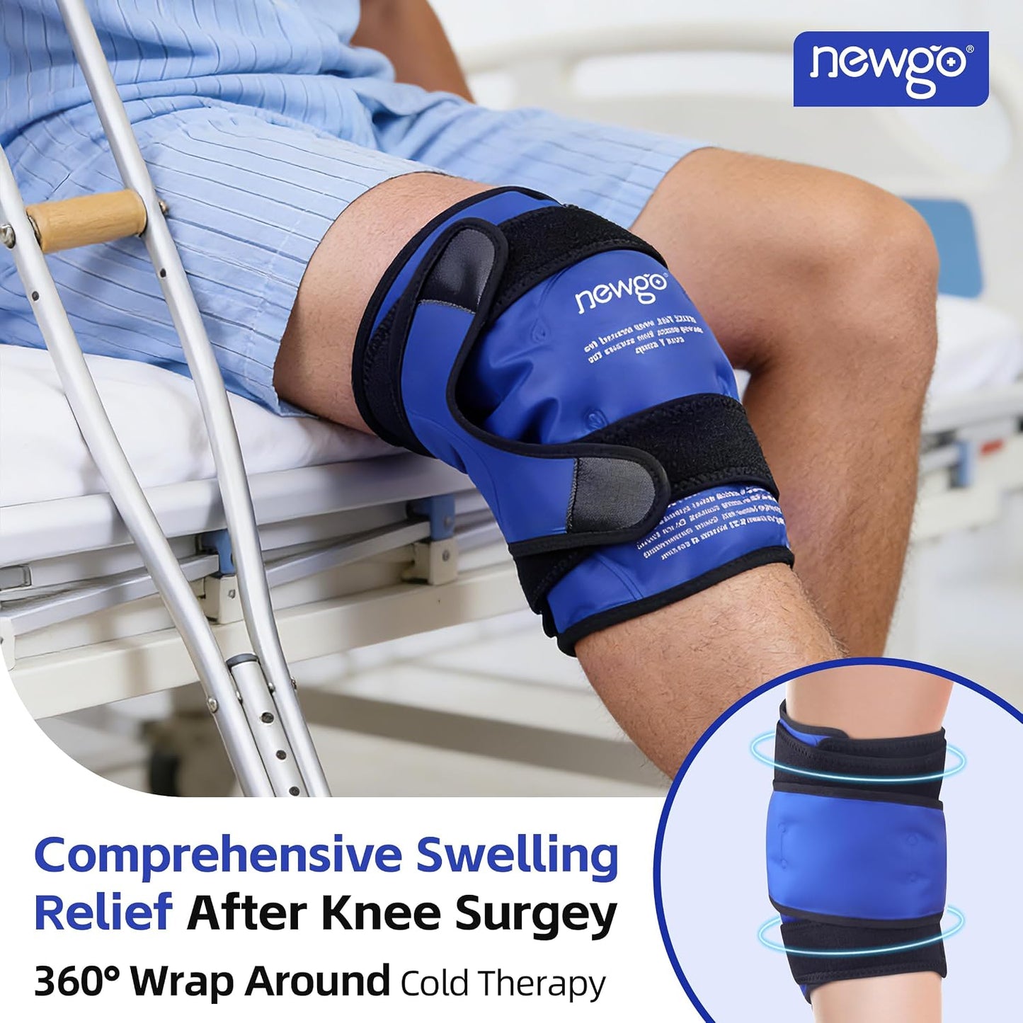 NEWGO Knee Ice Pack Wrap, 360° Full Wrap, Blue | Y-shaped Strap Stays Put, Reusable for Knee Replacement, ACL, Arthritis, Swelling, and Sports Injuries, 21.7" x 9.8"