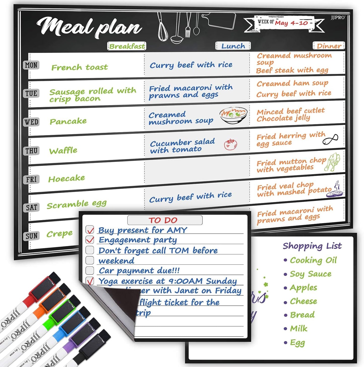 JJPRO Magnetic Dry Erase Meal Planning Whiteboard for Refrigerator-One 14.5x11 Weekly Menu Board and Two Notes Whiteboard for Kitchen Fridge-Refrigerator Organizer with Meal Planner Boards