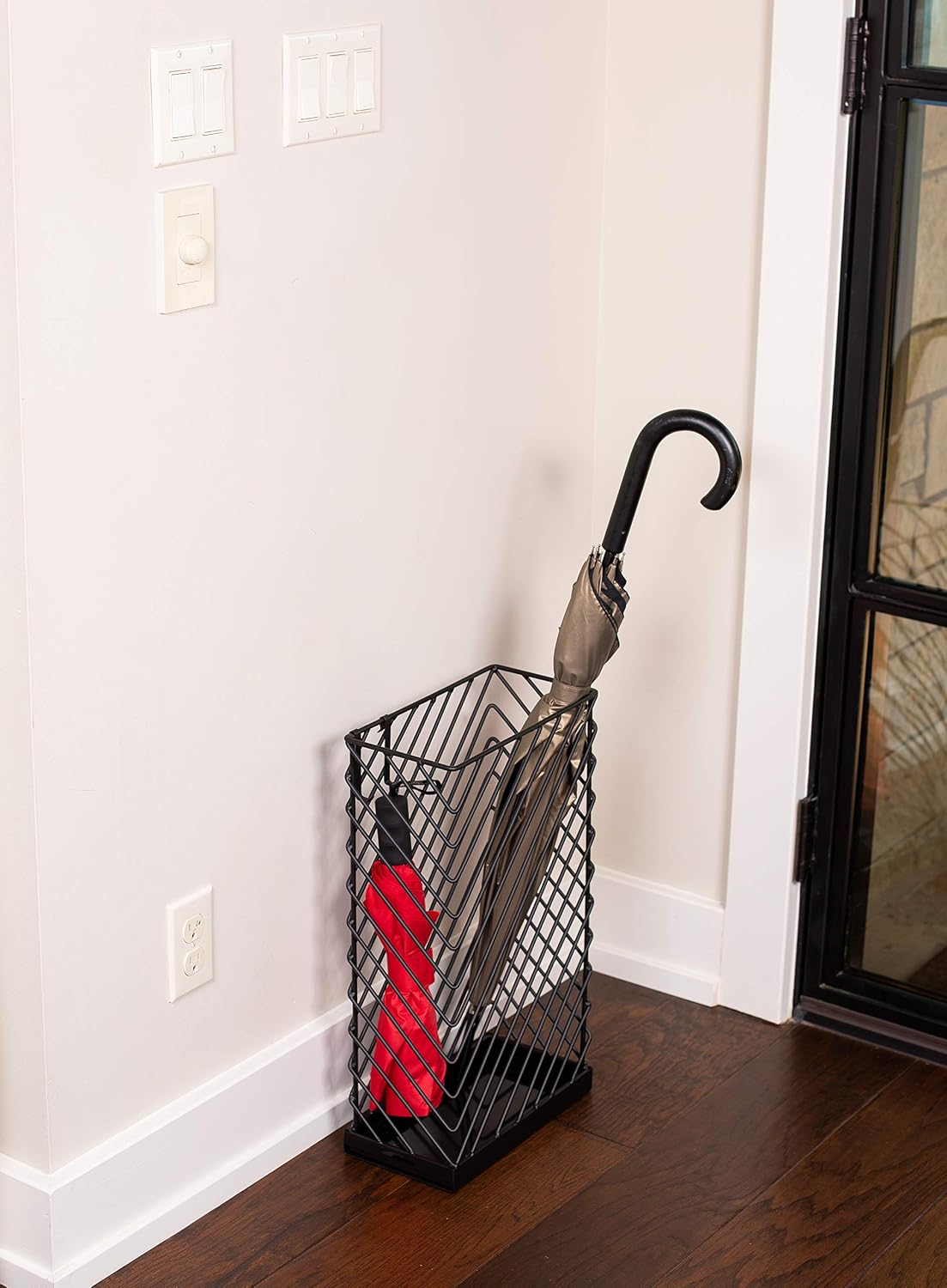 BIRDROCK HOME Decorative Umbrella Stand with Removable Water Tray - Large Freestanding Umbrella Rack and Cane Walking Stick Organizer - Metal Umbrella Holder for Entryway & Indoor Use - Black, Striped | Decorative Large Freestanding Rack and Cane Walking