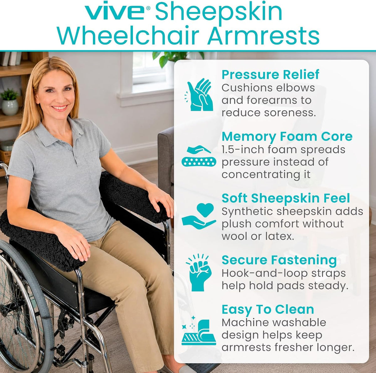 Vive Wheelchair Armrest Pads (2 PCS) - Memory Foam Sheepskin Cushion