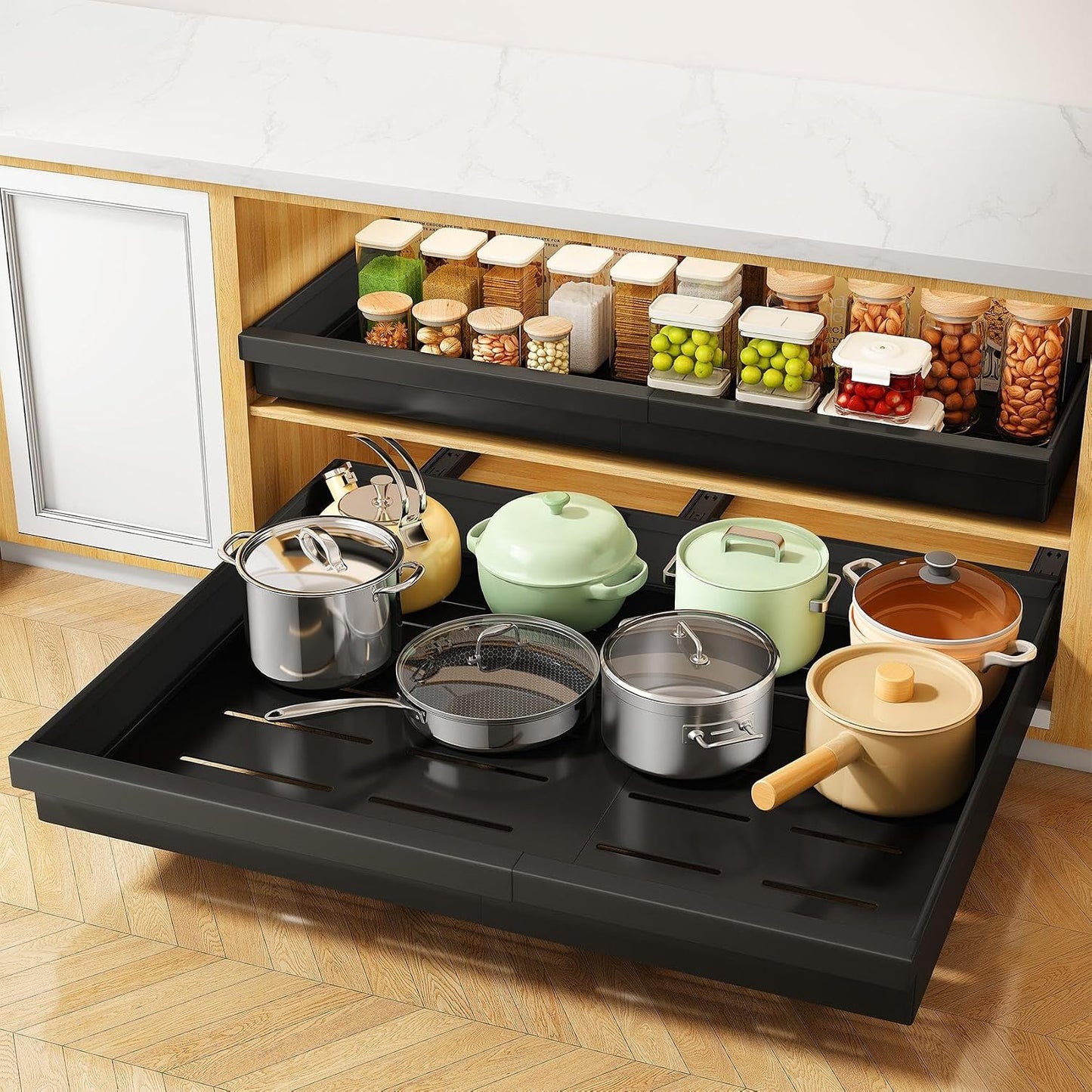 Pull out Cabinet Organizer, 1-Pack Expandable(13.6"-24") Silde out Drawers with Raising Pad for Framed Cabinets, Adjustable Full-Extension Adhesive Roll out Shelves for Kitchen Pantry Home Pot and Pan
