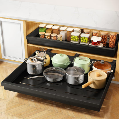 Pull out Cabinet Organizer, 1-Pack Expandable(13.6"-24") Silde out Drawers with Raising Pad for Framed Cabinets, Adjustable Full-Extension Adhesive Roll out Shelves for Kitchen Pantry Home Pot and Pan