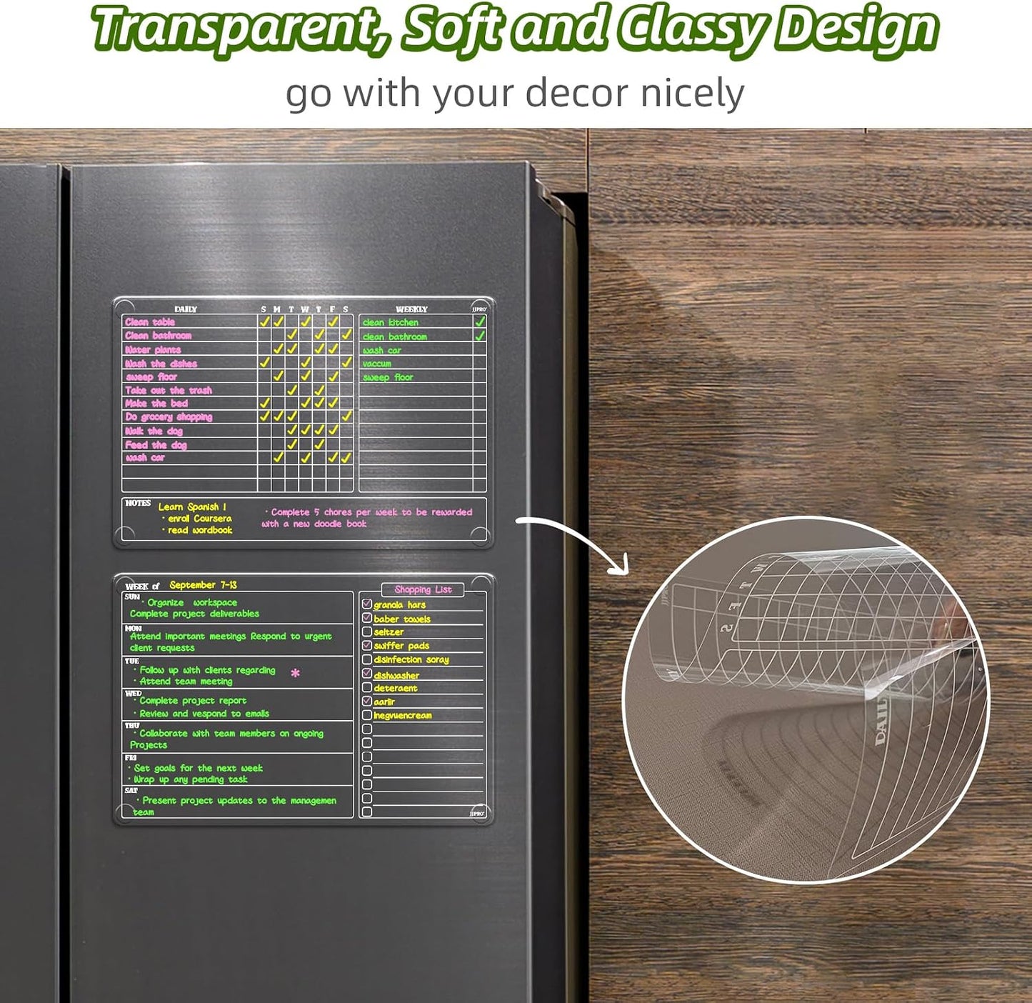 JJPRO Non-Magnetic Dry Erase Calendar for Fridge, Monthly Calendar, Weekly Planning Board Bundle for All Smooth Surfaces. Clear Reusable Calendar Stick to Fridge,Cabinet,Door&Glass