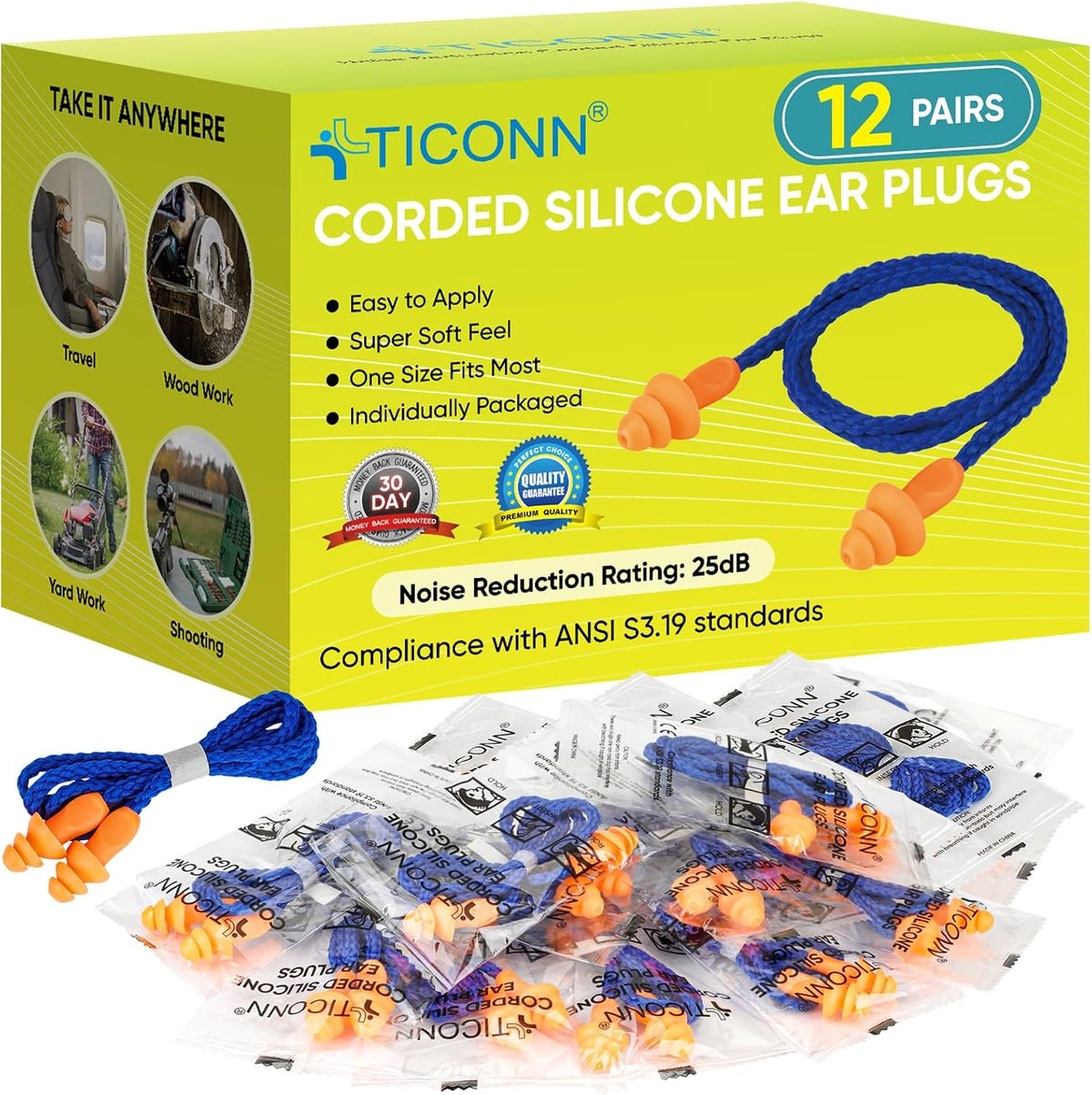 TICONN 12 Pairs Corded Silicone Ear Plugs for Noise Reduction, 25 dB NRR