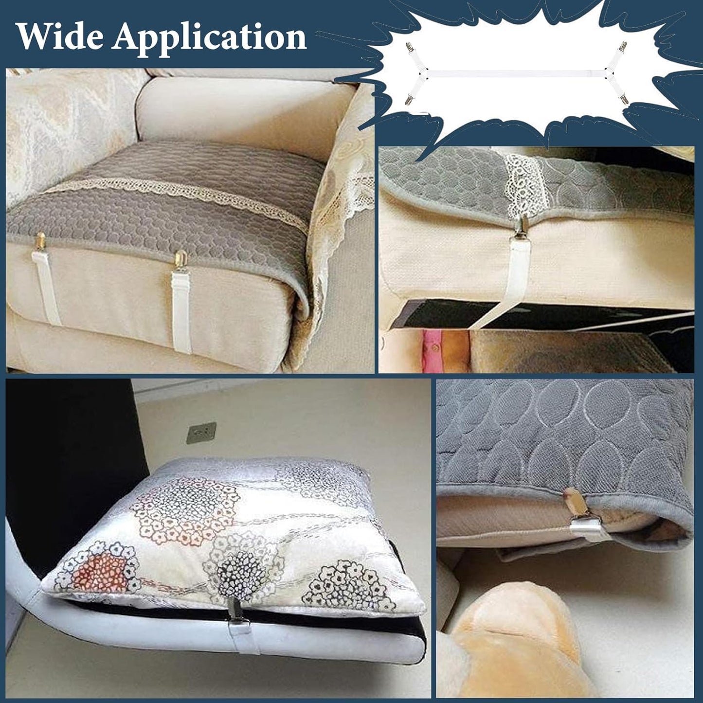Consss Bed Sheet Straps, Adjustable Durable Bed Sheet Holder Straps with Metal Clips, Elastic Sheet Holders Keep Sheets Firm & Tight 2PCS White