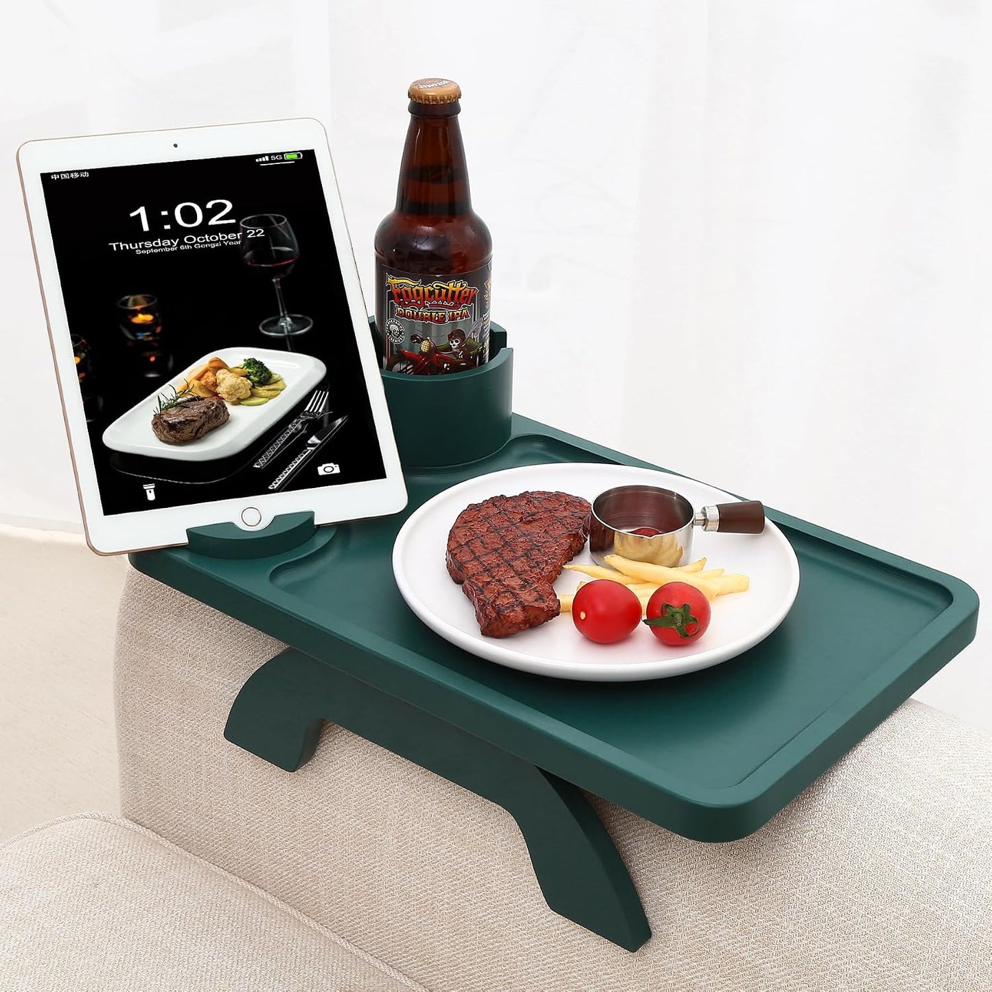 Nnewvante Couch Cup Holder Tray, 3 in 1 Large 15.36"x9.85" Acacia Wood Sofa Arm Clip on Tray Table with 360°Rotated Phone Holder on Armrest