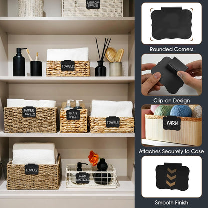 12pcs White Basket Labels Removable PVC Labels | Clip On for Storage Bins, Removable PVC Labels for Baskets with Holders, 3.5x2.7 Inches
