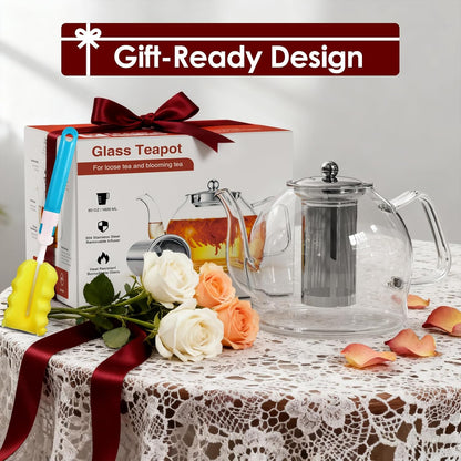Glass Teapot, 40oz/1200ml Tea Pot with Removable Infuser for Loose Tea | Stovetop Safe Borosilicate Glass Tea Kettle with Strainer and Lid, Hand Crafted Clear Teapot with Scale Line,Tea Brewer Guide