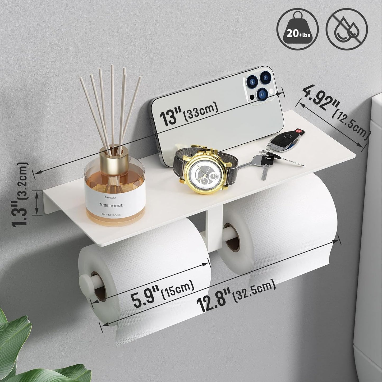 Matte Black Toilet Paper Holder with Shelf, Wall-Mounted Bathroom Organizer, Double Roll