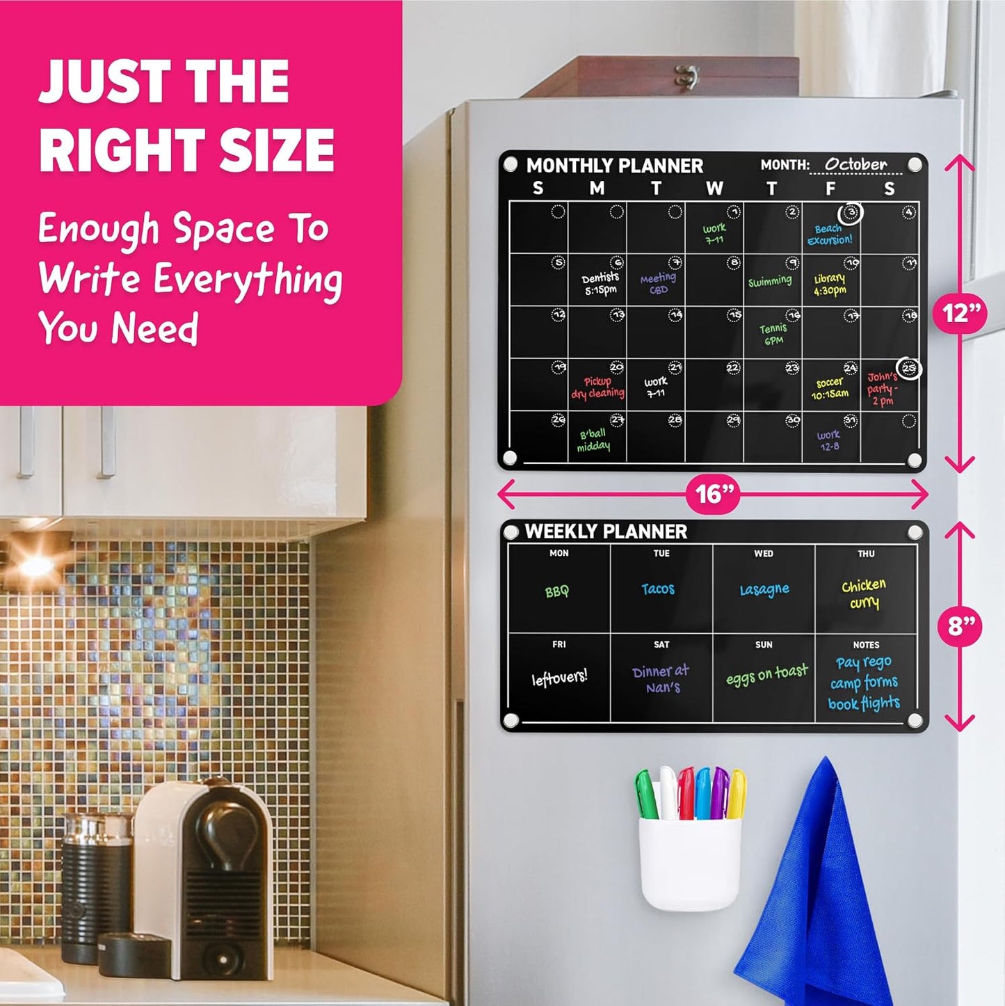 Acrylic Calendar for Fridge - Magnetic Calendar for Refrigerator - 2pc Family Refrigerator Magnetic Dry Erase Planning Board Monthly Weekly - 6 Liquid Chalk Markers & 3 Interchangeable Backgrounds