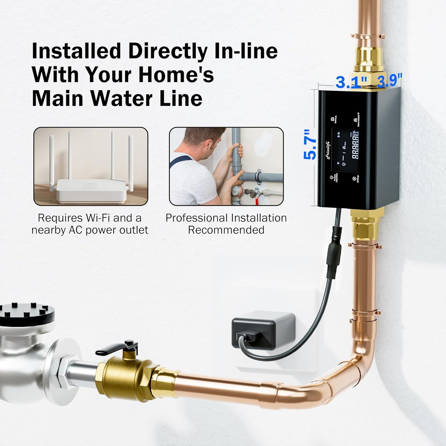 Frizzlife LP365 Smart Water Monitor and Automatic Shutoff Valve - 0.01GPM Ultrasonic Micro Leak Detection, APP Wi-Fi Remote Control, Real-Time Flow/Temp Alarm, 24/7 Water Usage Reports, 3/4" and 1"