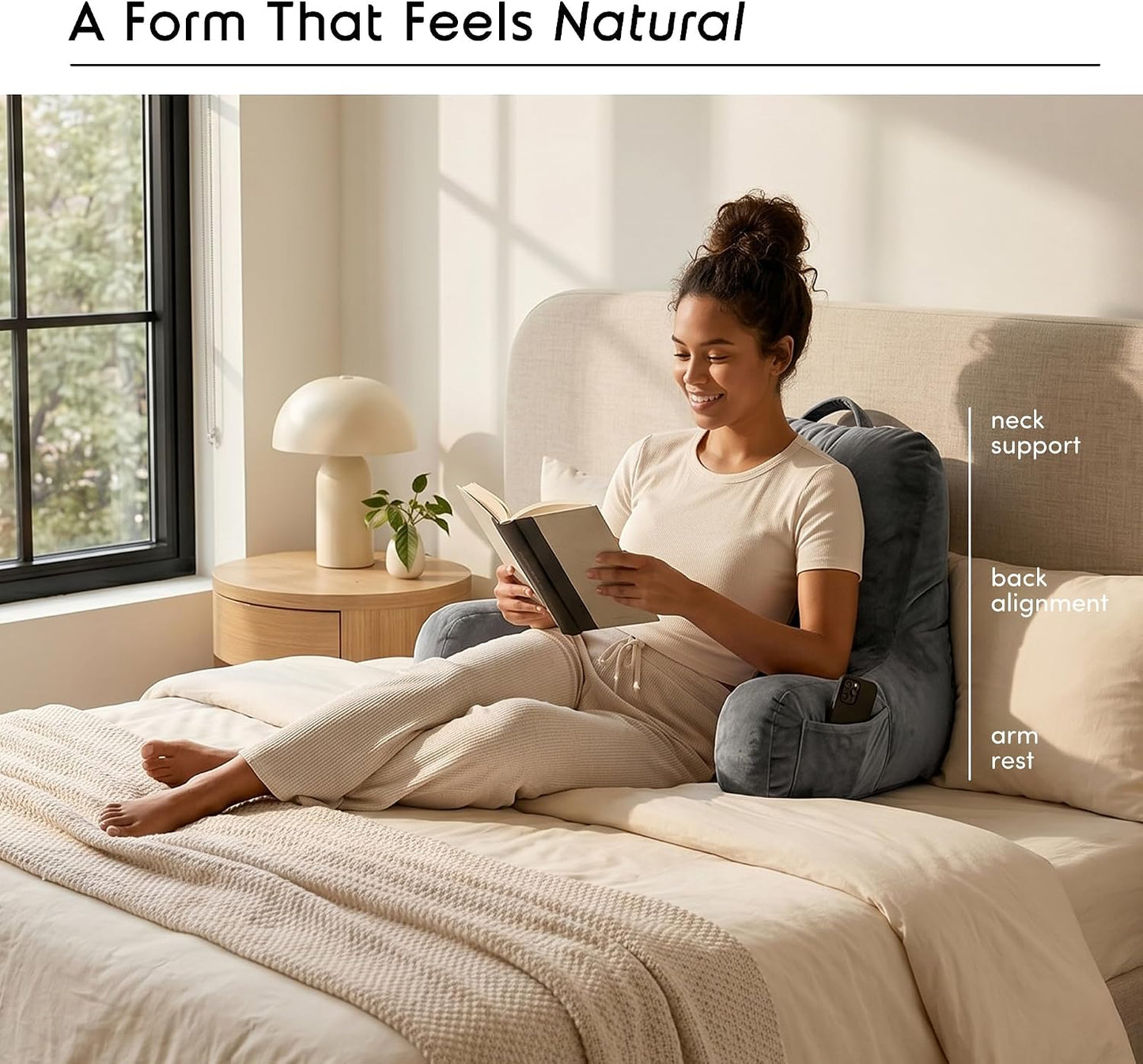 Nestl Reading Pillow with Shredded Memory Foam, Designed for Sitting Up in Bed and Couch, Back and Arms Adjustable Support for Adult & Teens Backrest Pillows for Reading, with Washable Cover Dark Grey