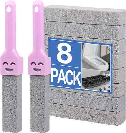 Herda 8-Pack Pumice Stone Scouring Stick with 2 Universal Handles, Pumice Stone for Cleaning Stove, Toilet, Tub, Grill, Swimming Pool, Sink, Removes Hard Water Rings, Calcium Deposits, Rust Buildup