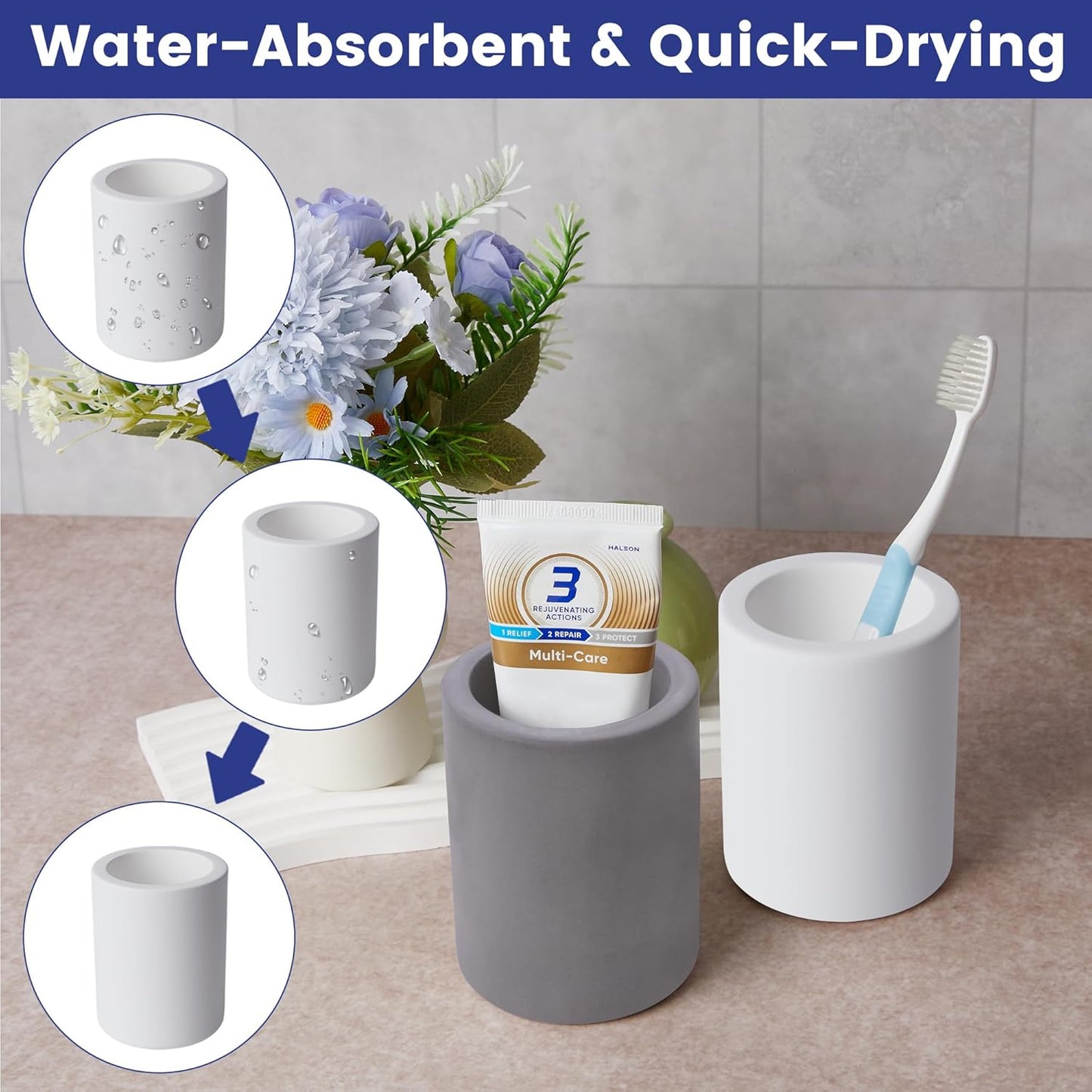 Drying Stone Toothbrush Holder, Diatomite Toothbrush Holders for Bathroom Counter, Quick Drying Electric Toothbrush and Toothpaste Holder Bathroom Organizer, Marble White