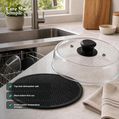 Glass Microwave Splatter Cover for Food, 10-Inch Borosilicate Glass Microwave Plate Cover with Vent Hole & Anti-Slip Silicone Mat, Tall Heat Resistant Microwave Food Cover, Dishwasher Safe