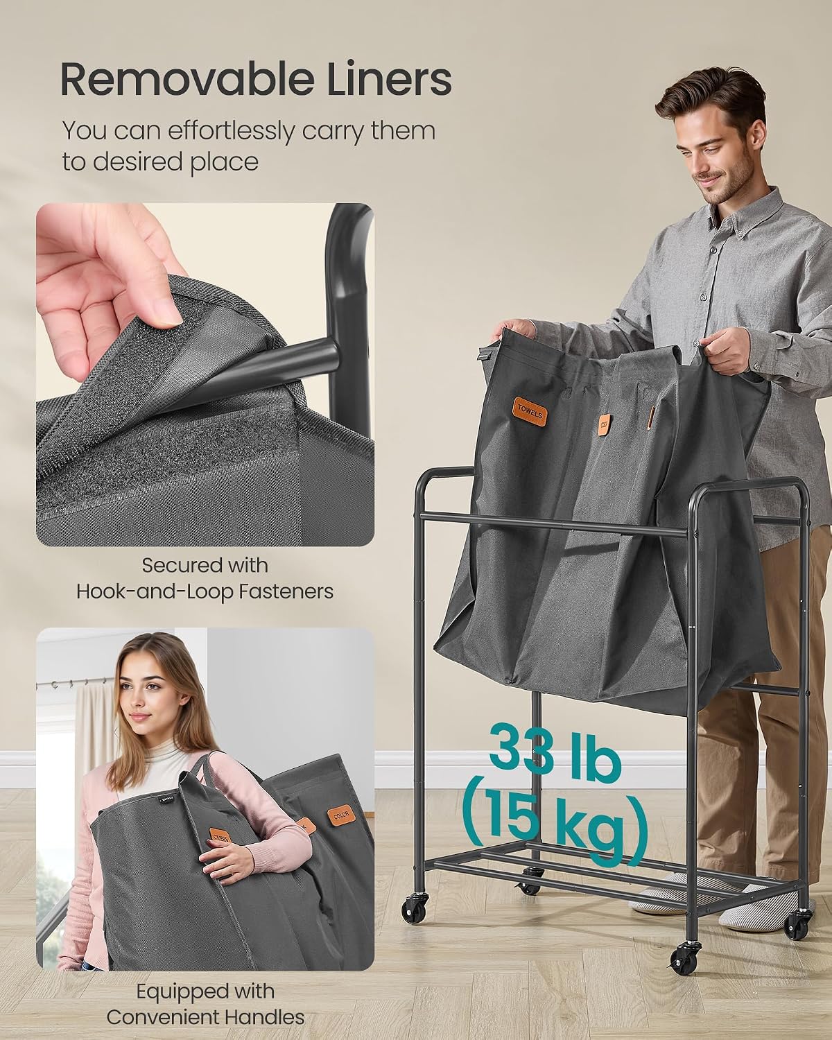 SONGMICS 2-Section Laundry Sorter, Laundry Hamper with Wheels, Rolling Clothes Hamper Cart with Large Capacity and Removable Bags, for Laundry Room, Bedroom, Bathroom, Ink Black URLS210B01 | Rolling Clothes Hamper Cart, Large Capacity, for Laundry Room,