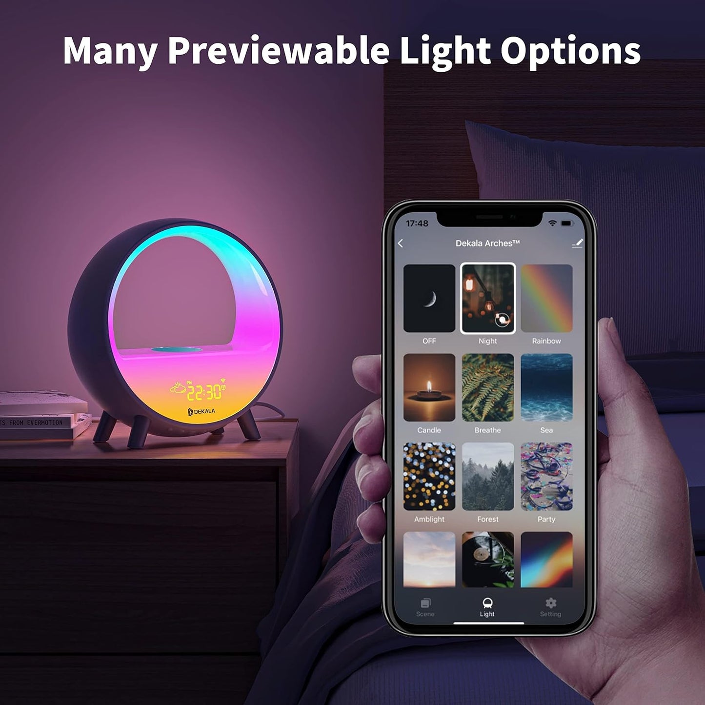 Dekala Arches Gradual Sunrise Alarm Clock with Wireless Charging, Sunset White Noise Sound Machine Loud Sunsire Alarm Clock for Heavy Sleepers Smart Ambient Lamp