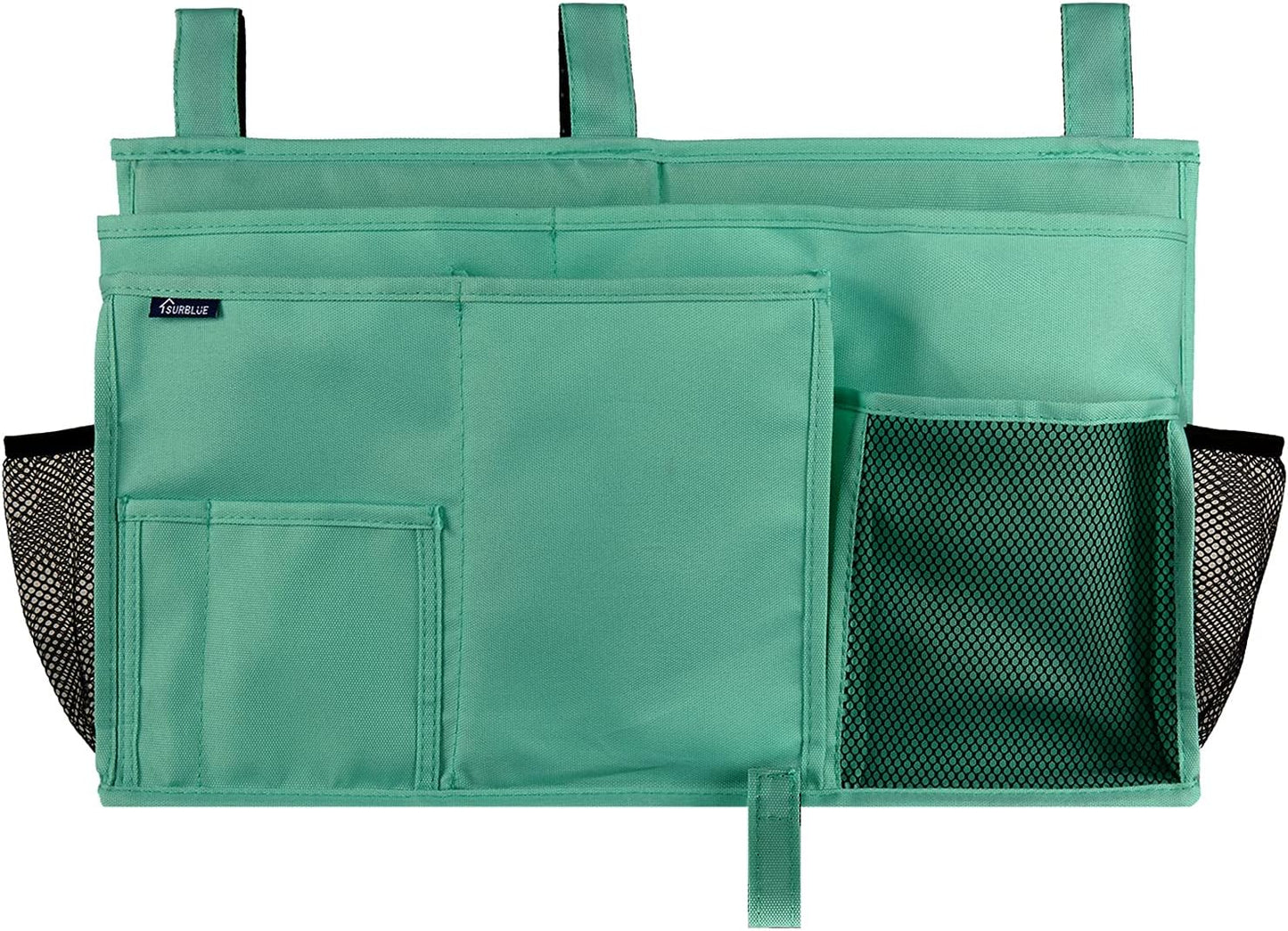 Surblue Bedside Caddy Hanging Organizer Storage Bag Pocket for Bunk, Hospital, College Dorm Rooms, Baby Bed Rails, Camp - 4 Pockets, 2 Hooks (Blue)