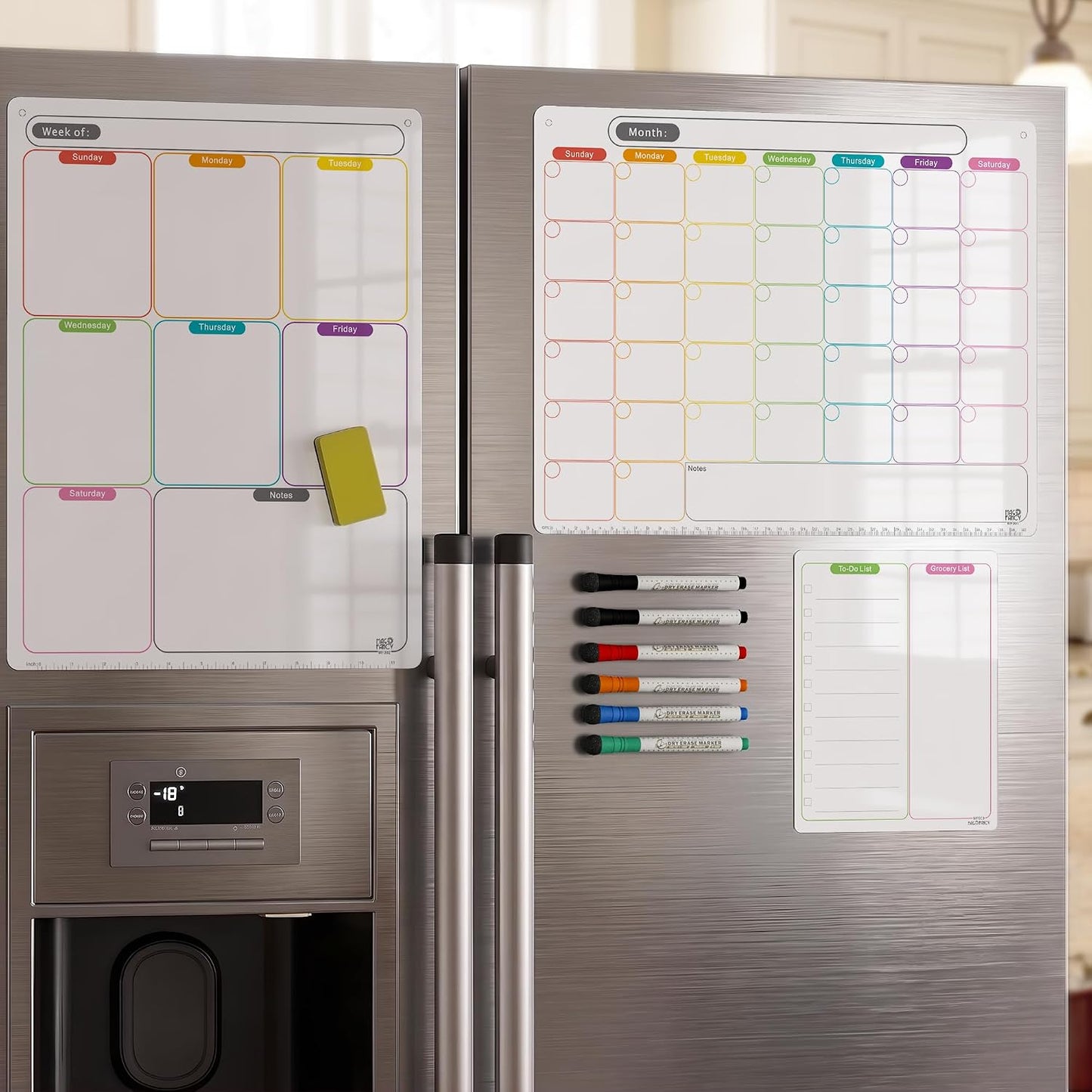 Magnetic Calendar for Fridge, Dry Erase Weekly Planner, 13" x 16.9" | Strong Magnetic Hold, Vertical Weekly Layout, Large Daily Spaces, Easy to Clean, Color-Coded, Dual-Magnet Markers & Eraser